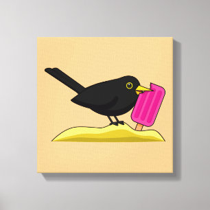 Cartoon Blackbird die een ijskap eet Canvas Afdruk