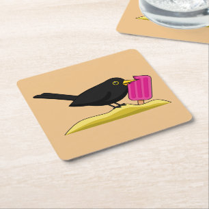 Cartoon Blackbird die een ijskap eet Kartonnen Onderzetters