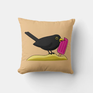 Cartoon Blackbird die een ijskap eet Kussen