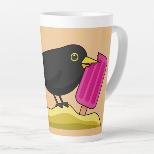 Cartoon Blackbird die een ijskap eet Latte Mok (Rechterhoek)