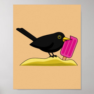 Cartoon Blackbird die een ijskap eet Poster