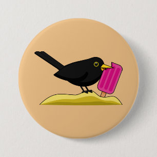 Cartoon Blackbird die een ijskap eet Ronde Button 7,6 Cm