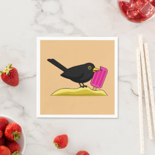 Cartoon Blackbird die een ijskap eet Servet