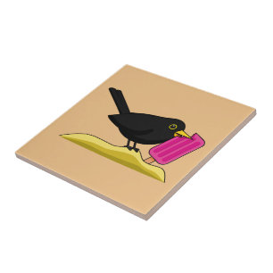 Cartoon Blackbird die een ijskap eet Tegeltje