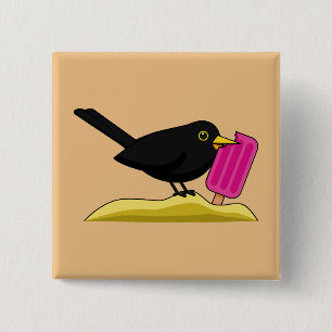 Cartoon Blackbird die een ijskap eet Vierkante Button 5,1 Cm