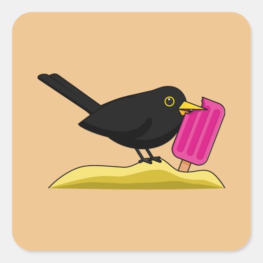 Cartoon Blackbird die een ijskap eet Vierkante Sticker (Voorkant)