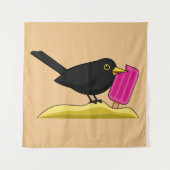 Cartoon Blackbird die een ijskap eet Wandkleed (Voorkant)