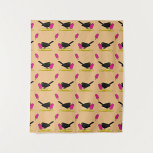 Cartoon Blackbird die een ijsscheurpatroon eet Wandkleed