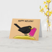 Cartoon Blackbird Eating Ice Cream | Jouw tekst to Kaart (Gele Bloem)