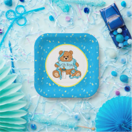 Cartoon blauw en geel Teddy Bear Baby shower Papieren Bordje
