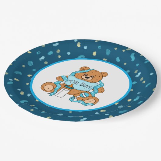 Cartoon blauw en geel Teddy Bear Baby shower Papieren Bordje (Gekanteld)