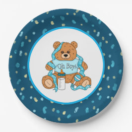 Cartoon blauw en geel Teddy Bear Baby shower Papieren Bordje