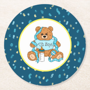 Cartoon blauw en geel Teddy Bear Baby shower Ronde Kartonnen Onderzetter
