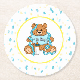 Cartoon blauw en geel Teddy Bear Baby shower Ronde Kartonnen Onderzetter