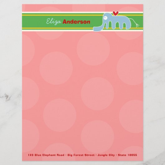 Cartoon Blauw Olifant Leuk Roze Stippen Kinder Kin Persoonlijk Briefhoofd (Voorkant)