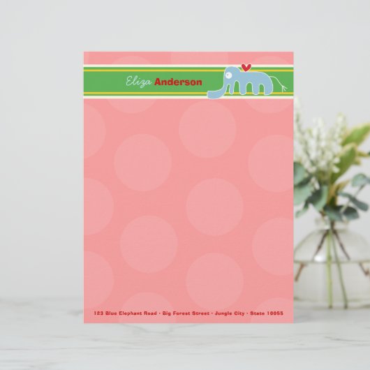 Cartoon Blauw Olifant Leuk Roze Stippen Kinder Kin Persoonlijk Briefhoofd (Staand voorkant)