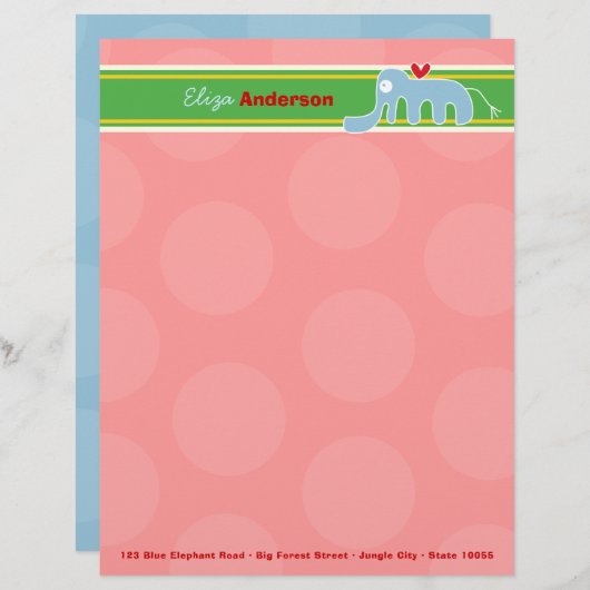 Cartoon Blauw Olifant Leuk Roze Stippen Kinder Kin Persoonlijk Briefhoofd (Voorkant / Achterkant)