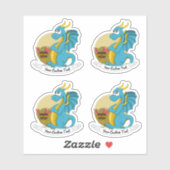 Cartoon blauwe draak met schat en sticker tekst (Vel)