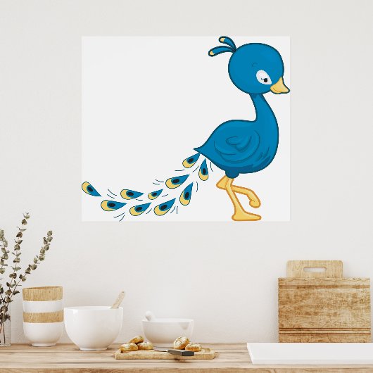 Cartoon Blauwe Pauw Vogel Poster (Keuken)