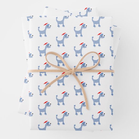 Cartoon blauwe poedel met kerstmis  inpakpapier vel (In situ)