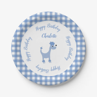 Cartoon blauwe poodle Posh Paws gingham verjaardag Papieren Bordje