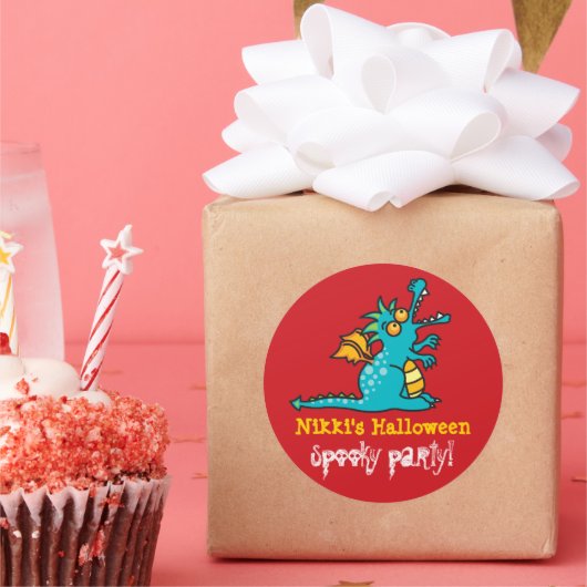 Cartoon Blauwgroen Groene Magic Dragon Halloween P Ronde Sticker (Feest)