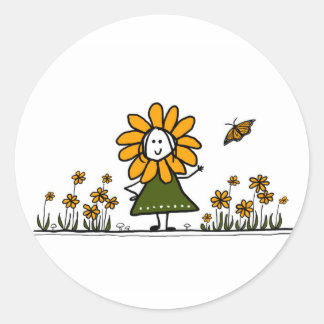 Cartoon Bloemenmeisje in een vlindertuin Ronde Sticker