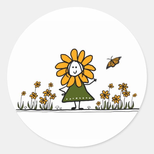 Cartoon Bloemenmeisje in een vlindertuin Ronde Sticker (Voorkant)