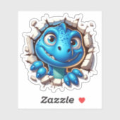 Cartoon Blue Dinosaur Peeking van gebarsten Sticker (Vel)
