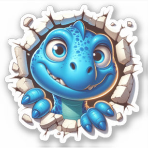 Cartoon Blue Dinosaur Peeking van gebarsten Sticker