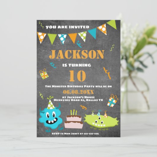 Cartoon Blue Green Monster Custom Text Birthday Kaart (Staand voorkant)