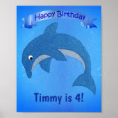Cartoon Blue Jumping Dolphin Ribbon Kids Verjaarda Poster (Voorkant)