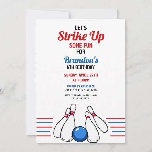 Cartoon Blue & Red Bowling Kinder 6e verjaardag Kaart (Voorkant)