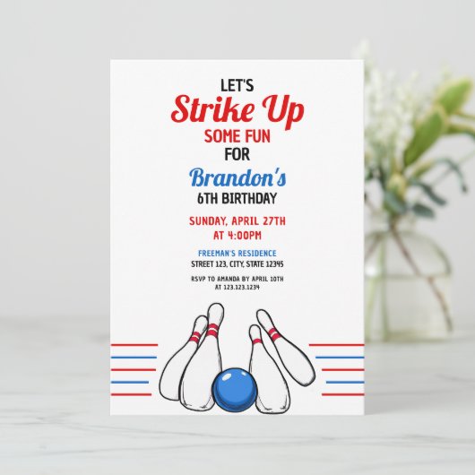 Cartoon Blue & Red Bowling Kinder 6e verjaardag Kaart (Staand voorkant)