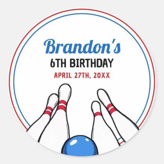 Cartoon Blue & Red Bowling Kinder 6e verjaardag Ronde Sticker (Voorkant)