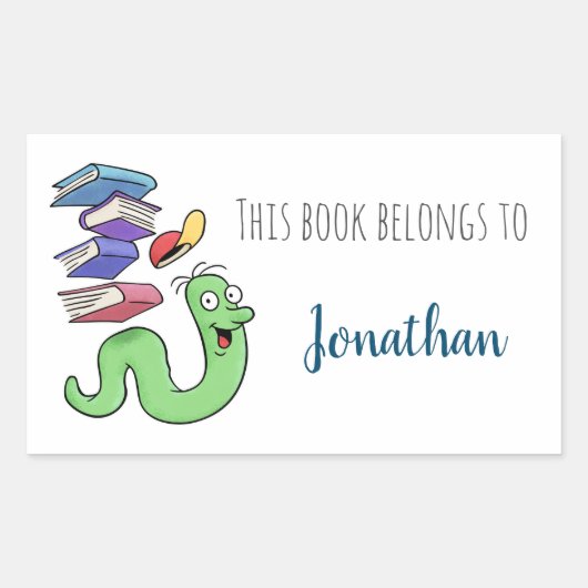 Cartoon boekenwurm boekenplaat met aangepaste naam rechthoekige sticker (Voorkant)