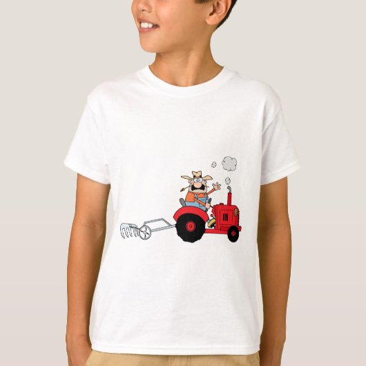 Cartoon boer die een rode trekker bestuurt t-shirt (Voorkant)