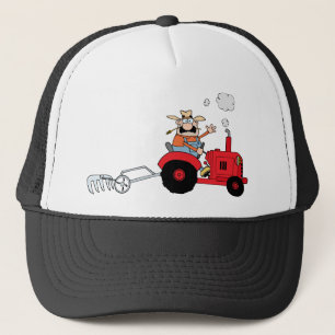 Cartoon boer die een rode trekker bestuurt trucker pet