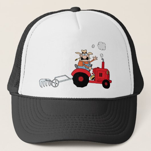 Cartoon boer die een rode trekker bestuurt trucker pet (Voorkant)