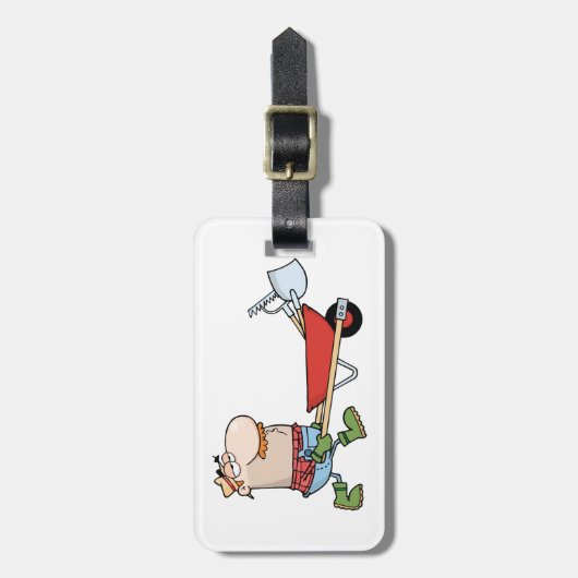 Cartoon boer met kruiwagen en gereedschap bagagelabel (Voorkant verticaal)