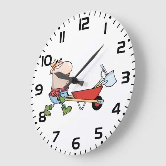 Cartoon boer met kruiwagen en gereedschap grote klok (Hoek)