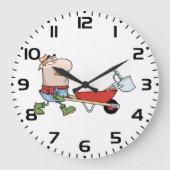 Cartoon boer met kruiwagen en gereedschap grote klok (Voorkant)