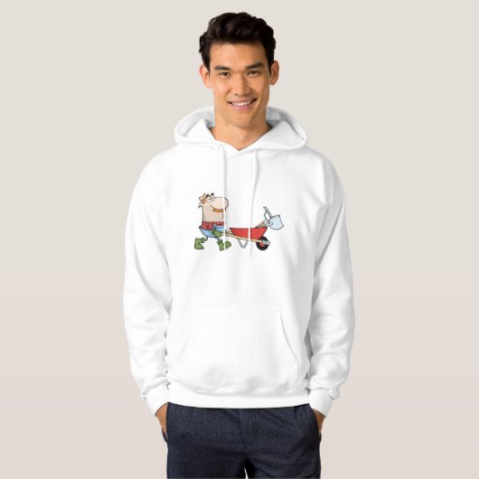 Cartoon boer met kruiwagen en gereedschap hoodie (Voorkant volledig)