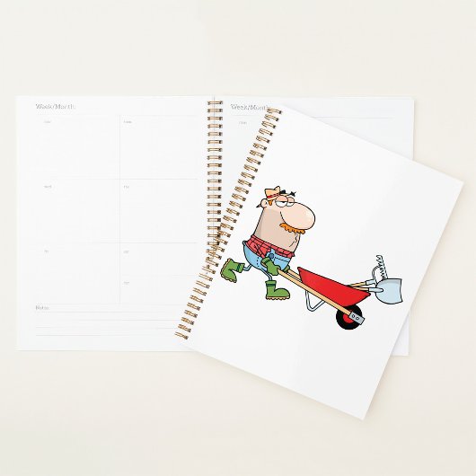 Cartoon boer met kruiwagen en gereedschap planner