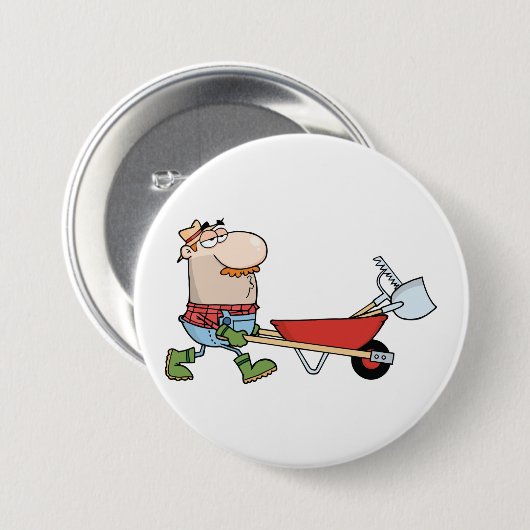 Cartoon boer met kruiwagen en gereedschap ronde button 7,6 cm (Voorkant /achterkant)