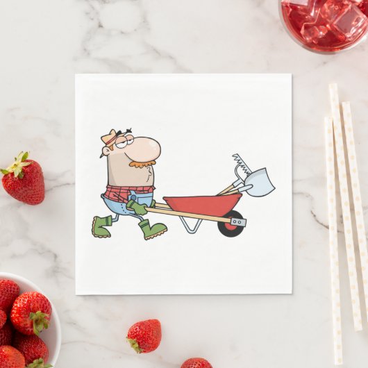 Cartoon boer met kruiwagen en gereedschap servet (Insitu)