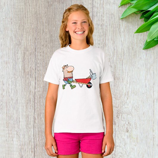 Cartoon boer met kruiwagen en gereedschap t-shirt