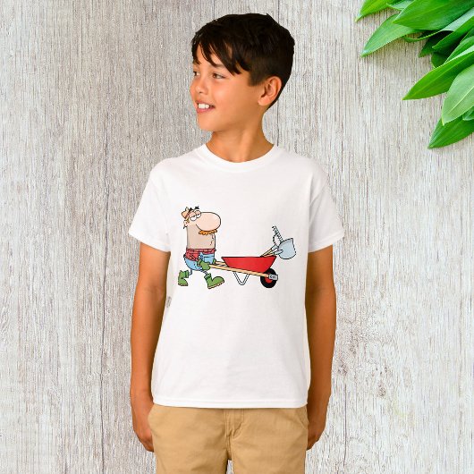 Cartoon boer met kruiwagen en gereedschap t-shirt