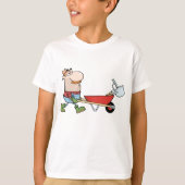Cartoon boer met kruiwagen en gereedschap t-shirt (Voorkant)