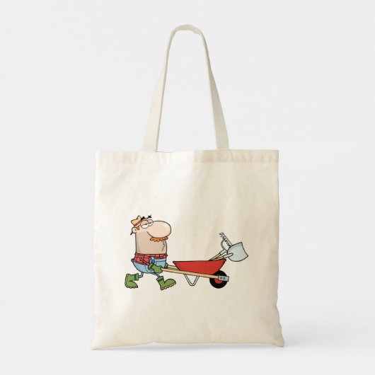 Cartoon boer met kruiwagen en gereedschap tote bag (Achterkant)